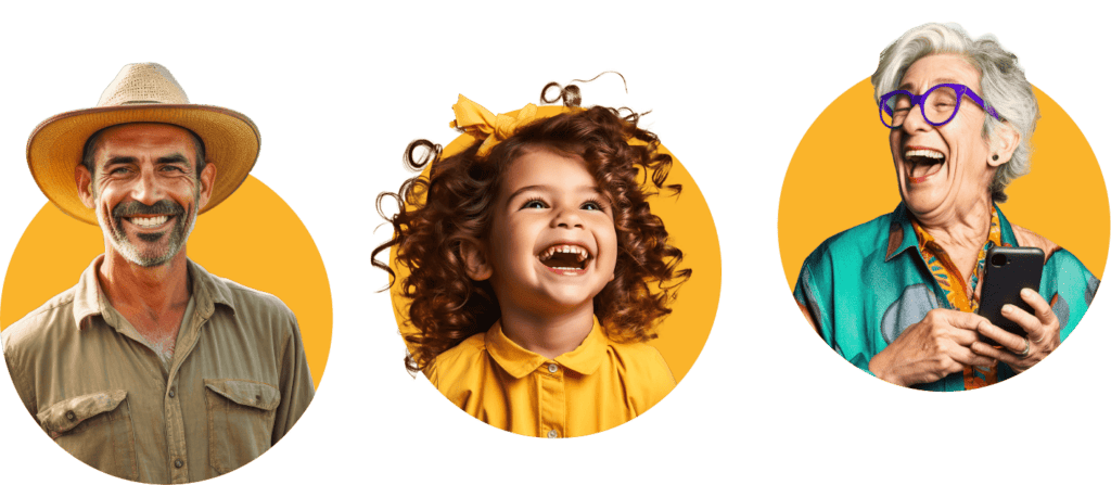 3 cercles de portraits de personnes: un homme avec un chapeau de paille, une petite fille au cheveux frisés et une grand-maman riant au éclat avec son cellulaire à la main.
