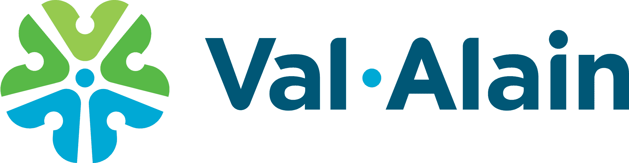 Logo de Val Alain avec motifs verts et bleus.