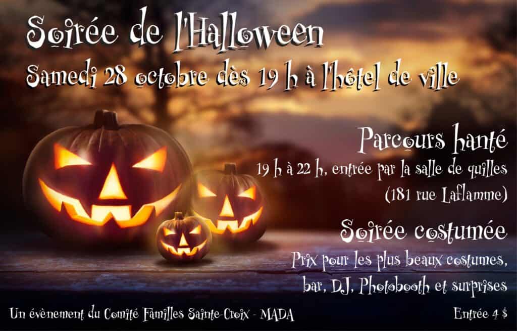 Affiche soirée Halloween avec citrouilles souriantes.