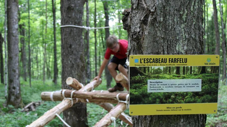 Enfant joue sur l'escabeau en forêt Val Alain.