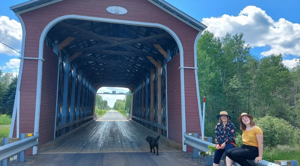 Pont couvert avec promeneurs et chien devant forêt.