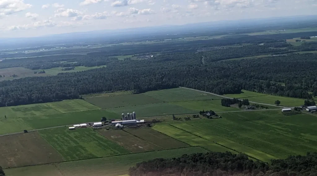 Paysage rural avec champs et forêt.