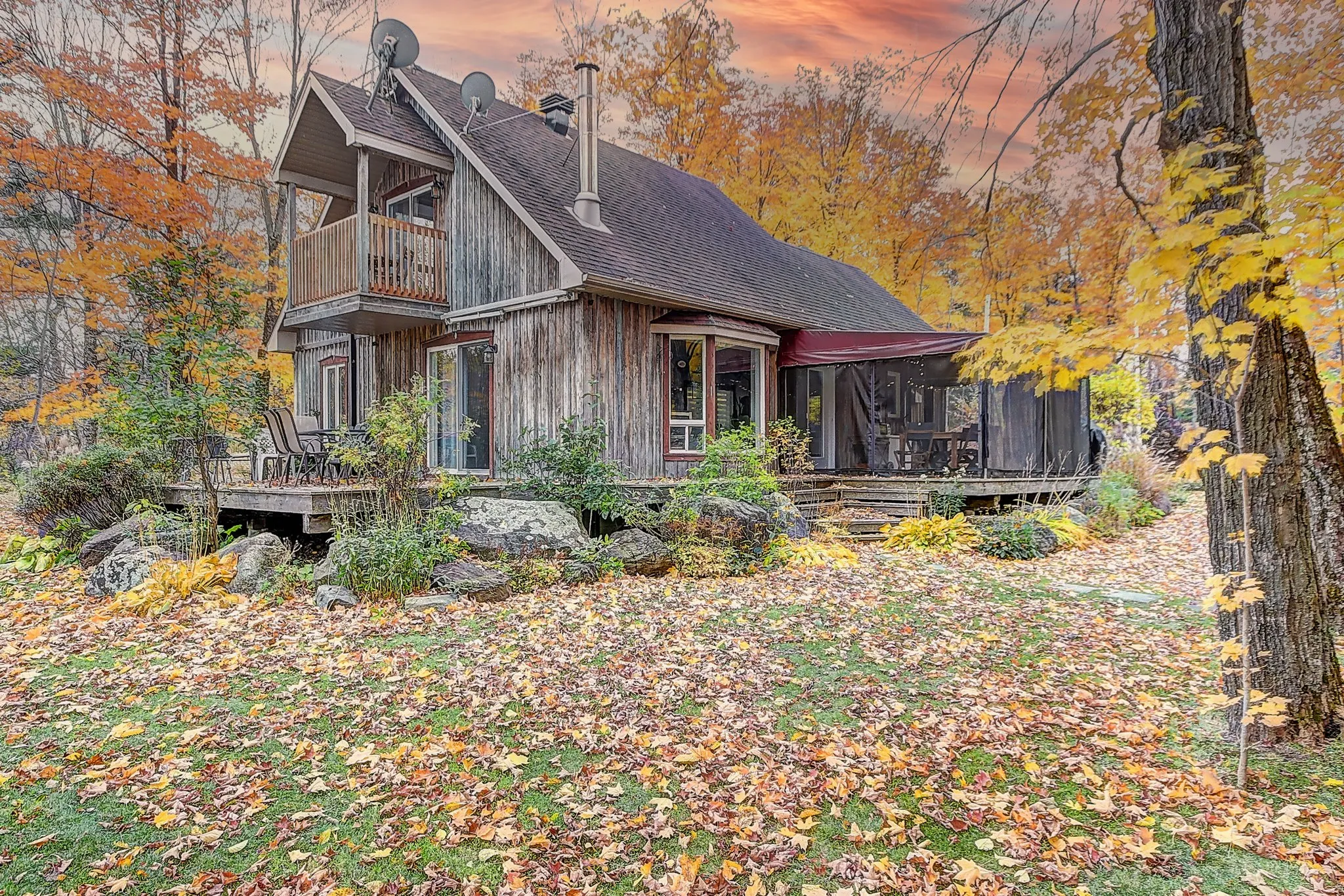 Maison en bois entourée de feuilles d'automne