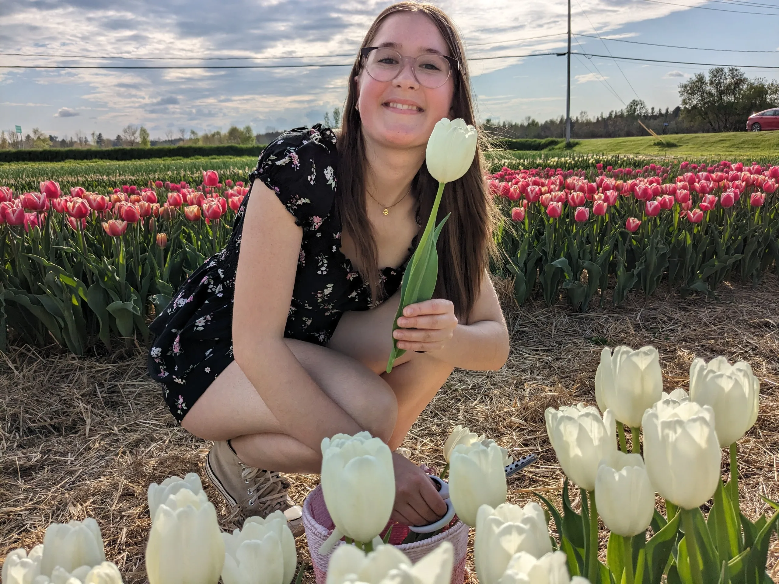 Personne souriante dans un champ de tulipes colorées.