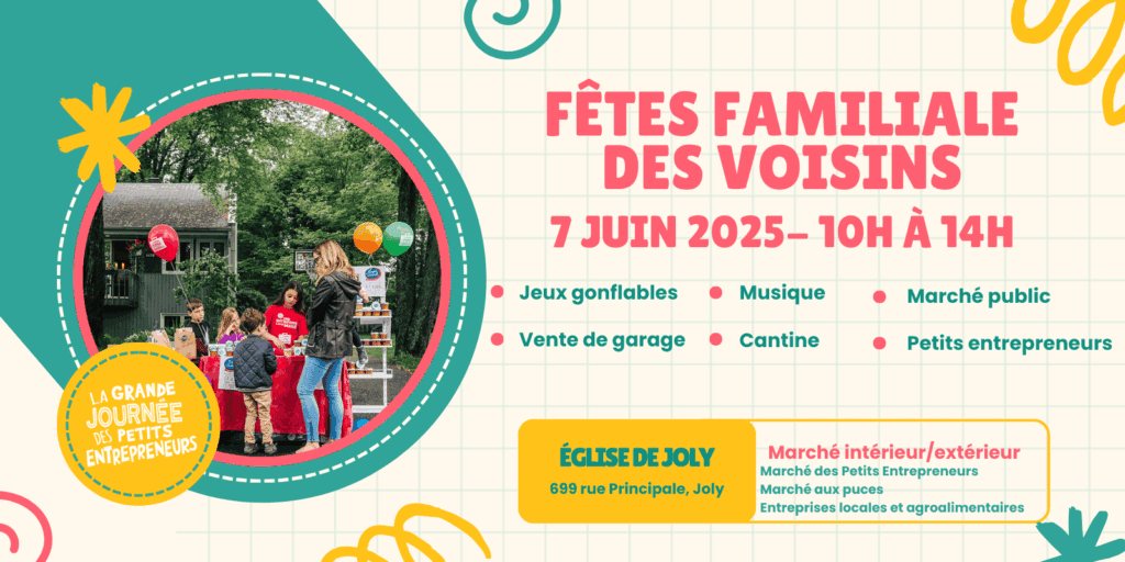 Affiche fête familiale des voisins, activités le 7 juin.