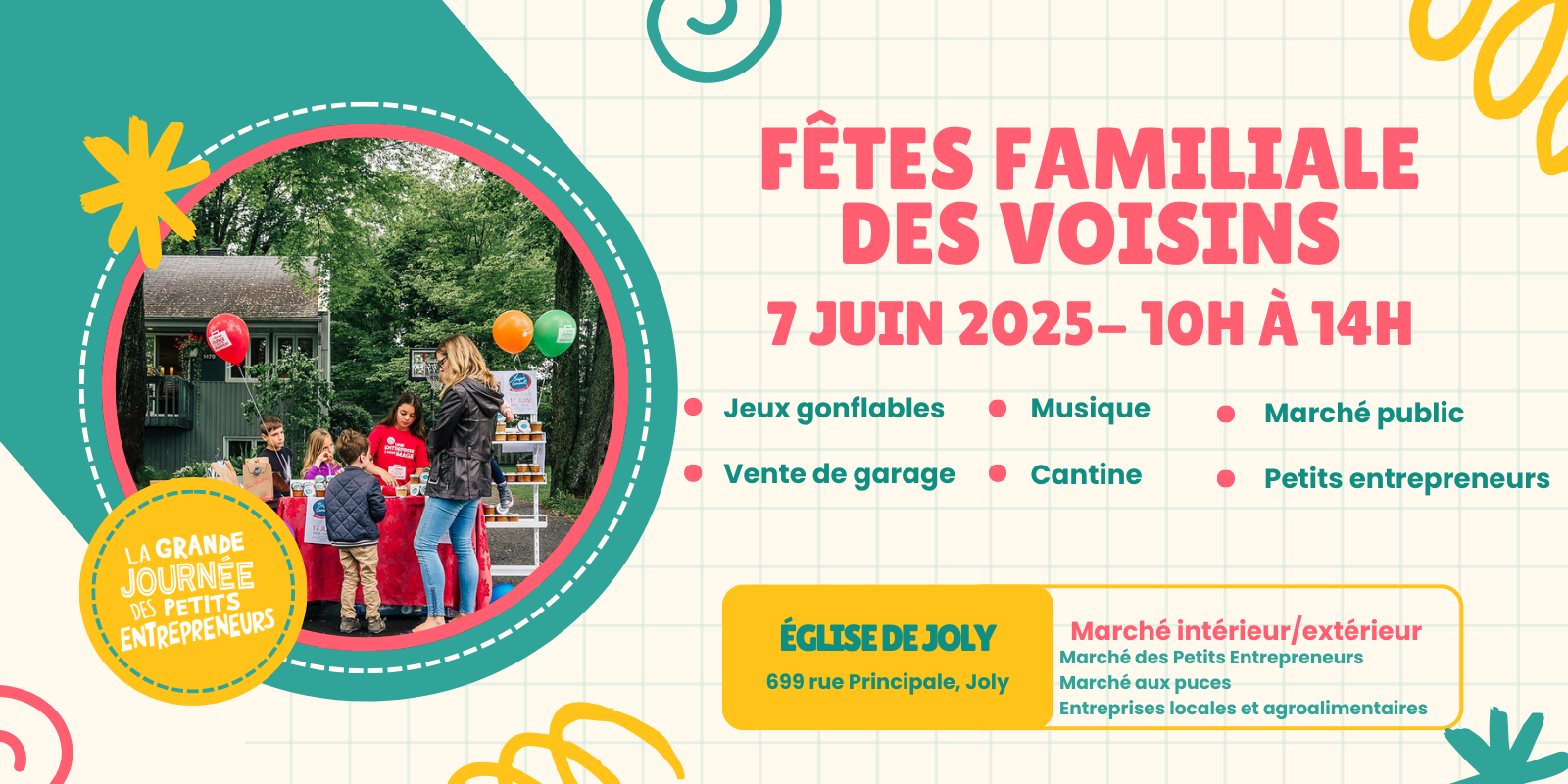 Affiche fête familiale des voisins, activités le 7 juin.