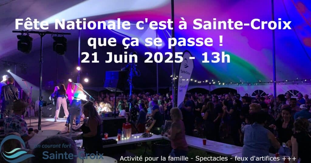 Concert sous tente éclairée, foule en fête.