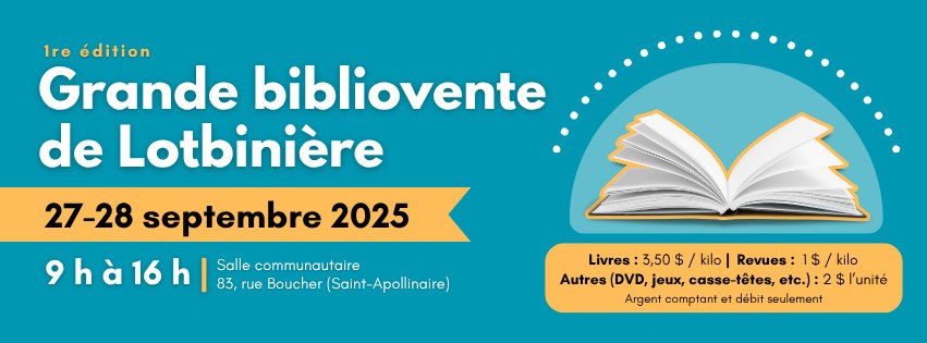 Annonce de la bibliovente à Lotbinière, septembre 2025.