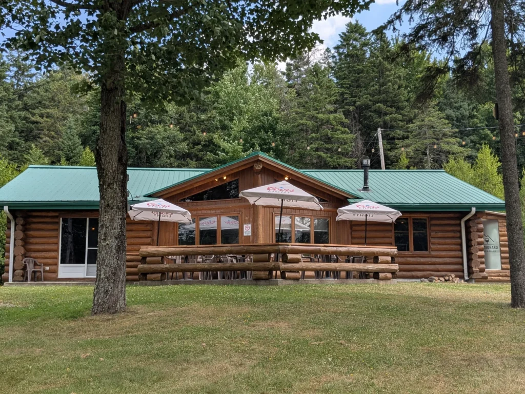 Chalet en bois avec toit vert, nature arrière-plan.