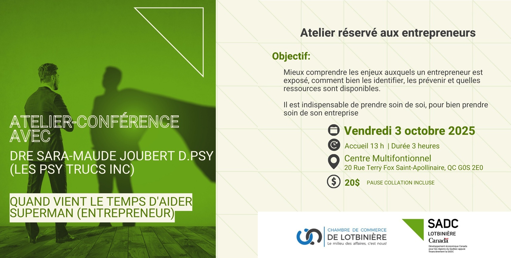 Affiche d'atelier pour entrepreneurs, 3 octobre 2025.