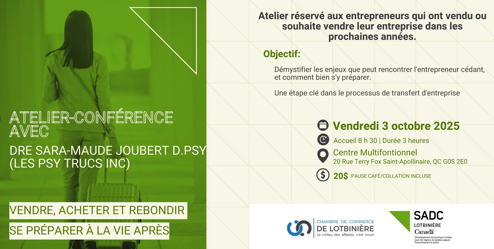 Affiche atelier-conference entrepreneur Dr. Sara-Maude Joubert.