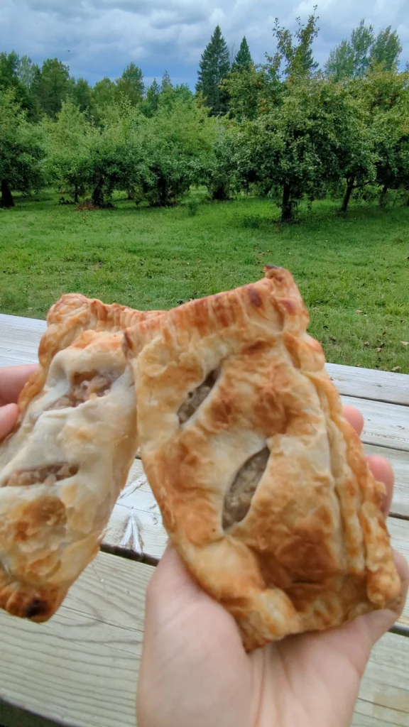 Deux pâtisseries feuilletées dans un verger verdoyant.