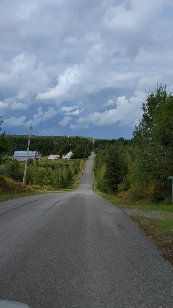 Route de campagne bordée d'arbres et maisons.