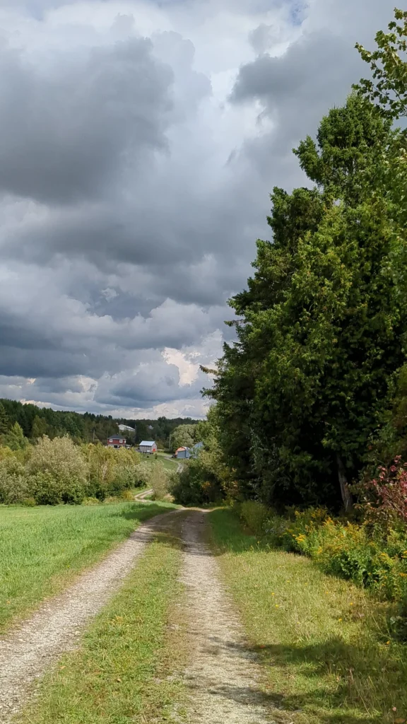Chemin de campagne sous ciel nuageux.