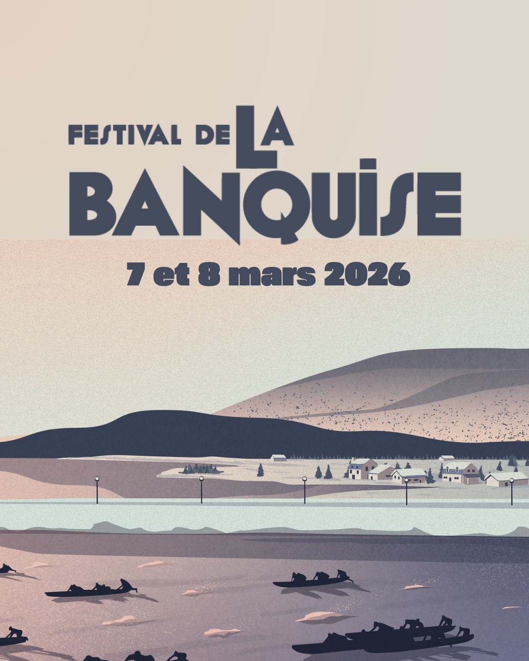 Affiche Festival Banquise mars 2026, village enneigé.