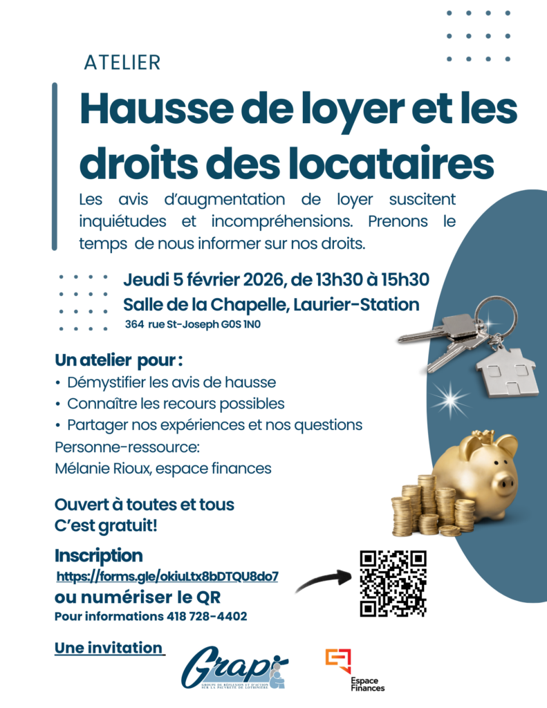 Affiche atelier droits des locataires et hausse de loyer.