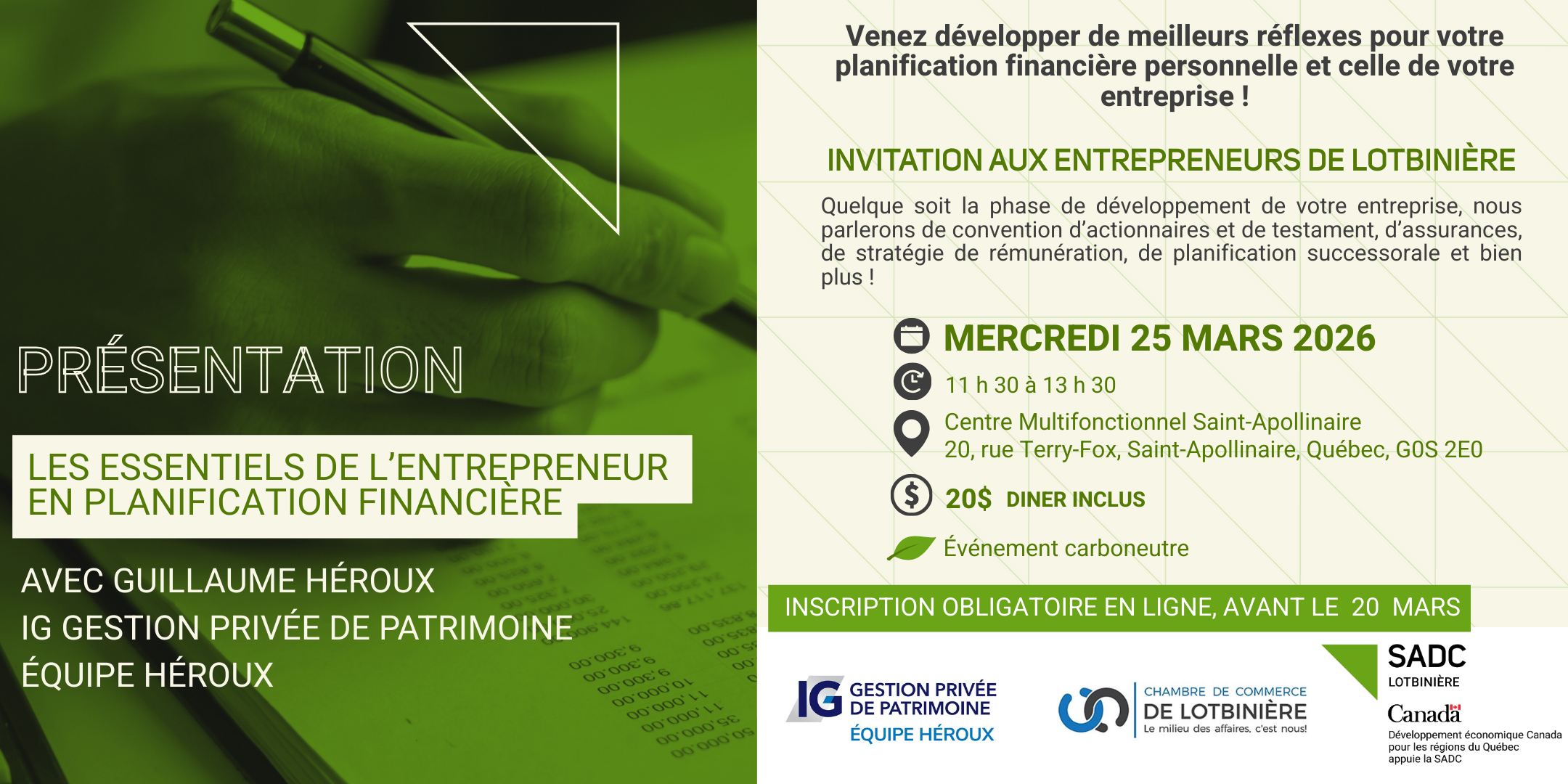 Invitation planification financière Lotbinière, 25 mars 2026.